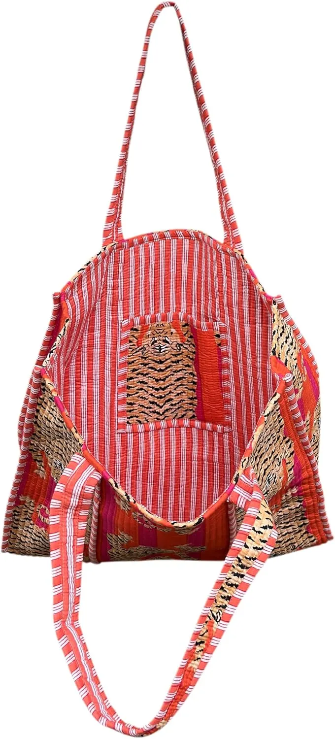 Quilted Cotton Handprinted Reversible Large multicolor Floral Tote Bag,Hand Block Print Shopping Shoulder Carry Bag
