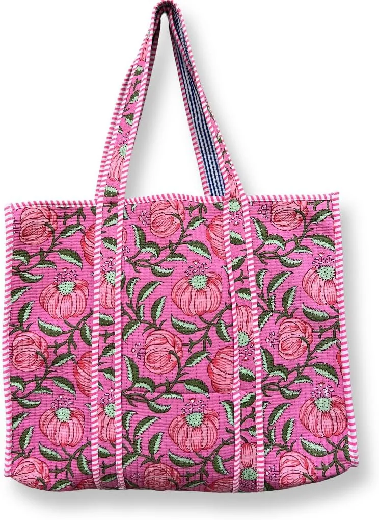 Quilted Cotton Handprinted Reversible Large Multicolor Tote Bag Hand Block Print Shoulder Bag Women Handbag Travel Bag
