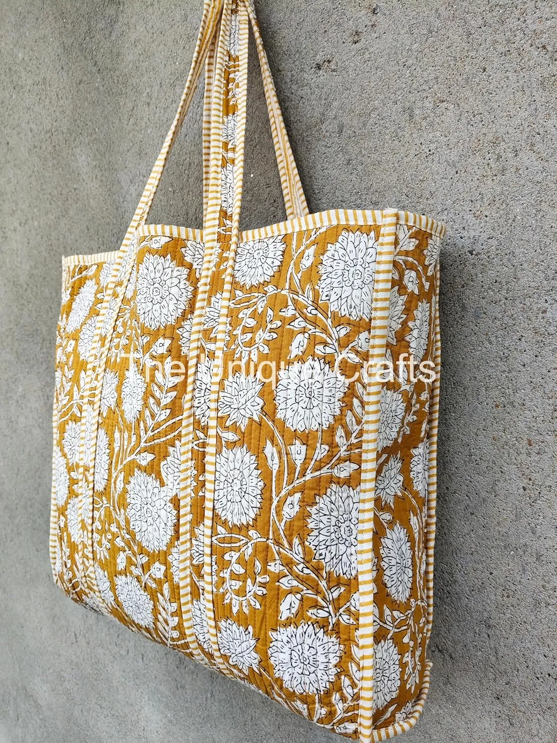 Quilted Cotton Handprinted Reversible Large Multicolor Tote Bag Hand Block Print Shoulder Bag Women Handbag Travel Bag