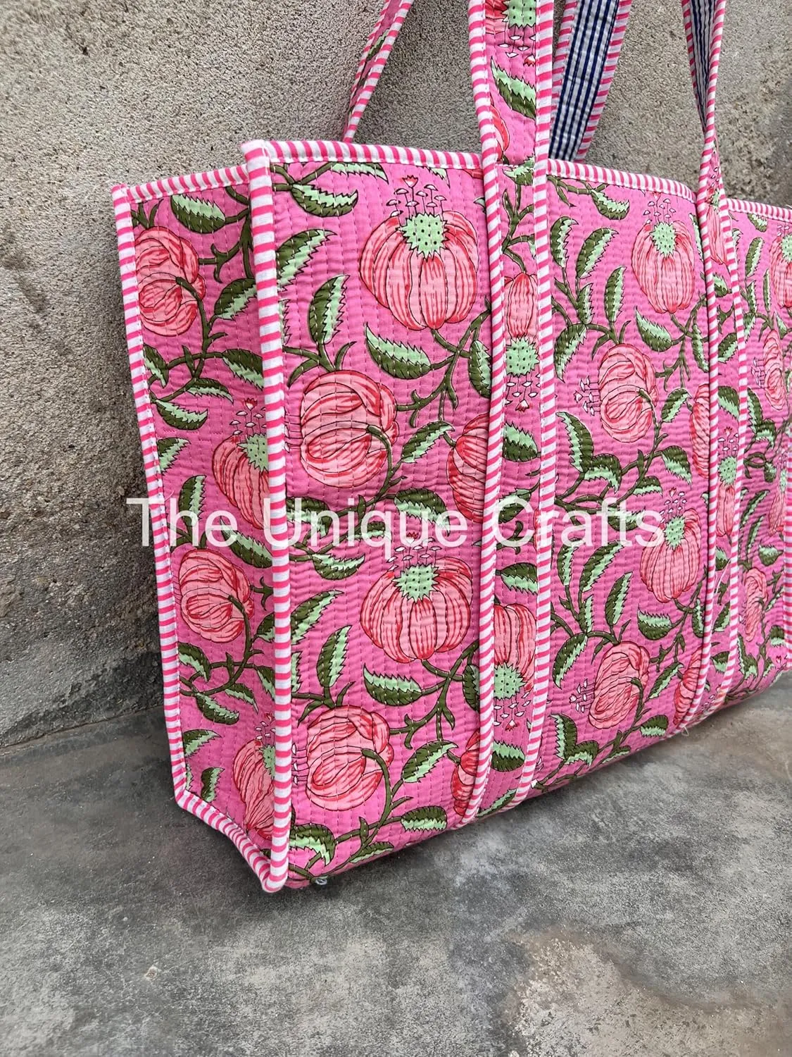 Quilted Cotton Handprinted Reversible Large Multicolor Tote Bag Hand Block Print Shoulder Bag Women Handbag Travel Bag