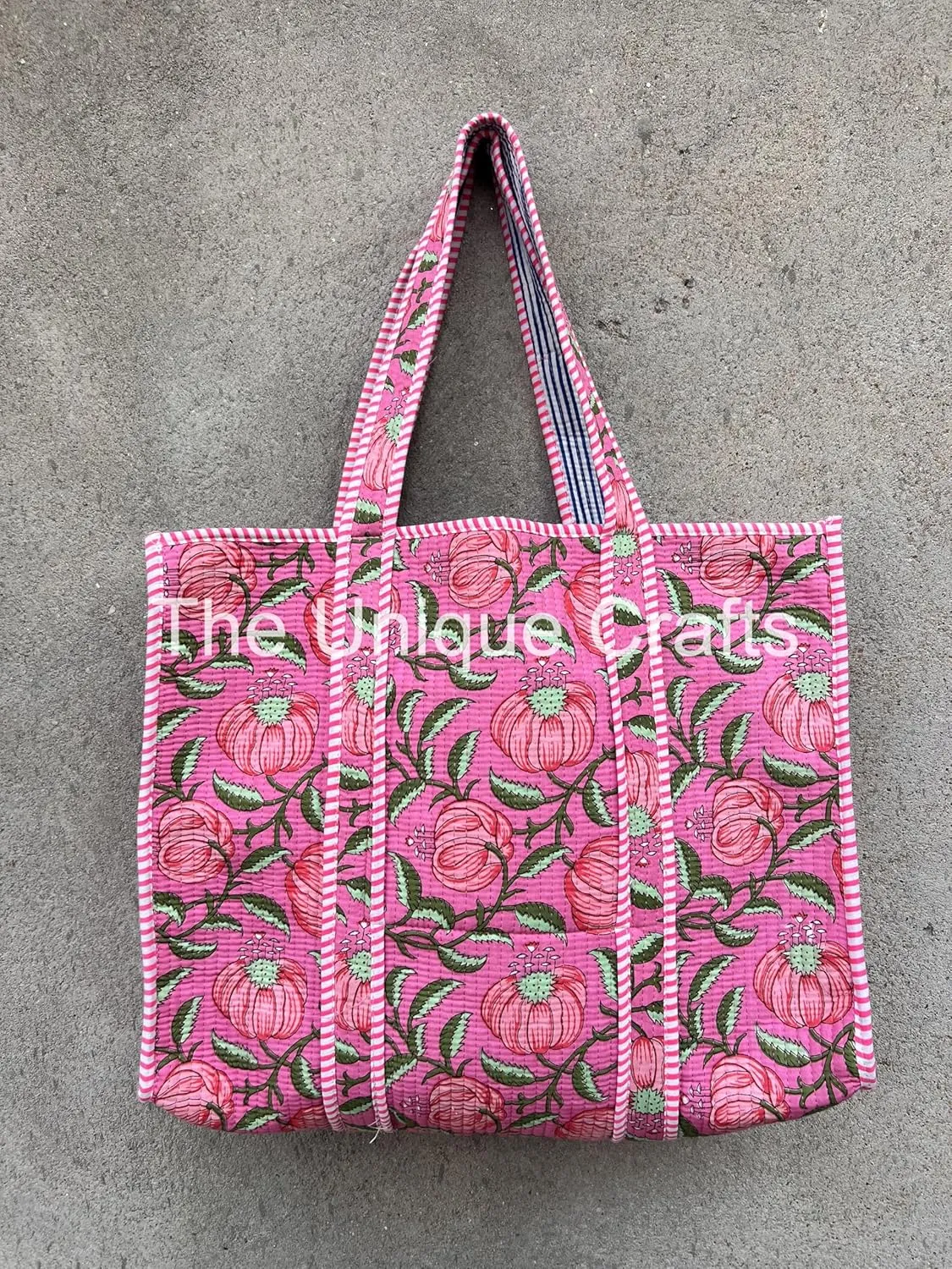 Quilted Cotton Handprinted Reversible Large Multicolor Tote Bag Hand Block Print Shoulder Bag Women Handbag Travel Bag