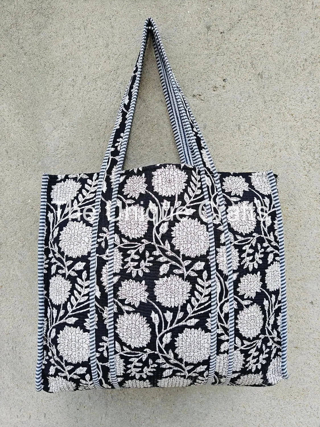 Quilted Cotton Handprinted Reversible Large Multicolor Tote Bag Hand Block Print Shoulder Bag Women Handbag Travel Bag