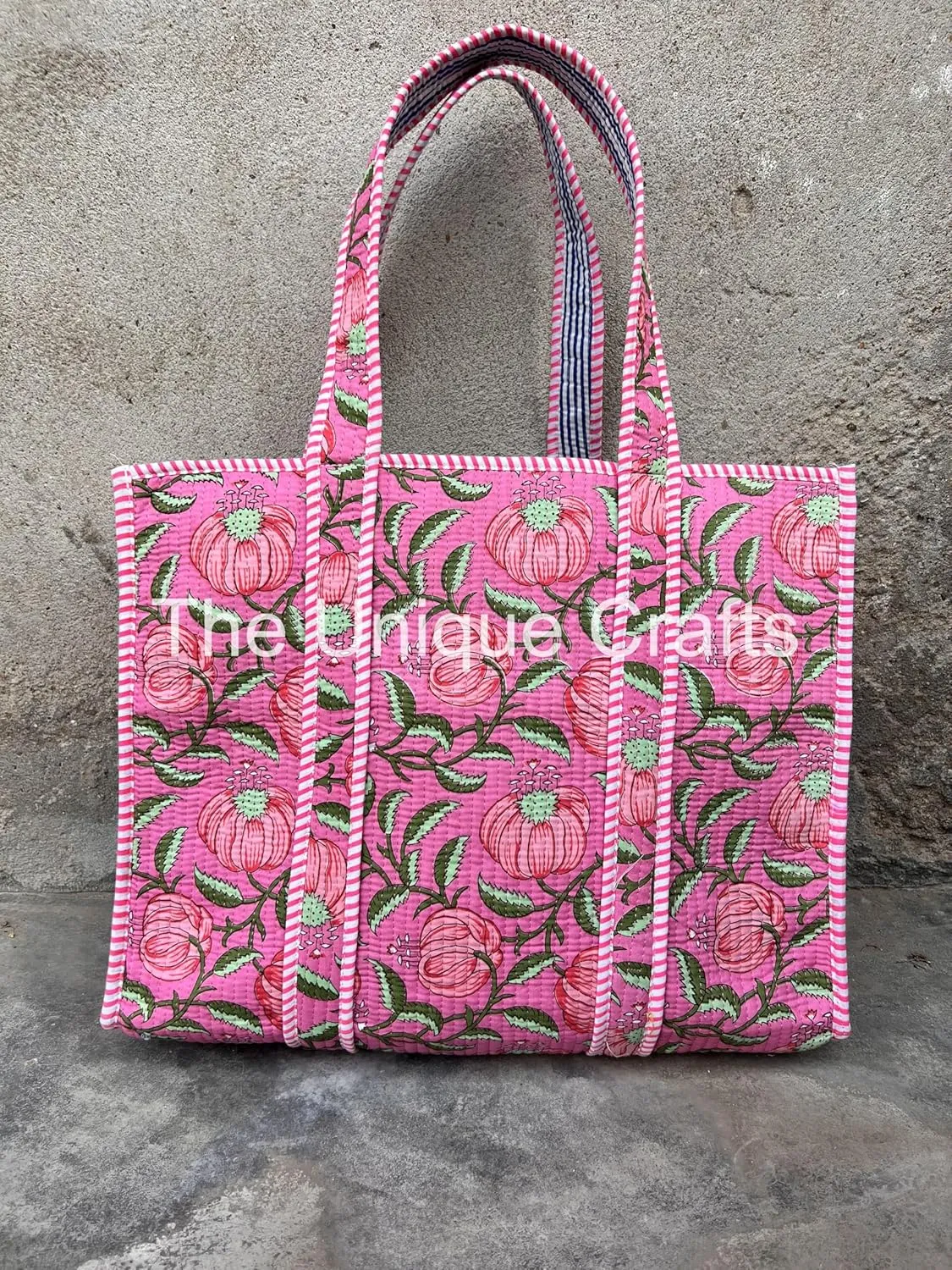 Quilted Cotton Handprinted Reversible Large Multicolor Tote Bag Hand Block Print Shoulder Bag Women Handbag Travel Bag