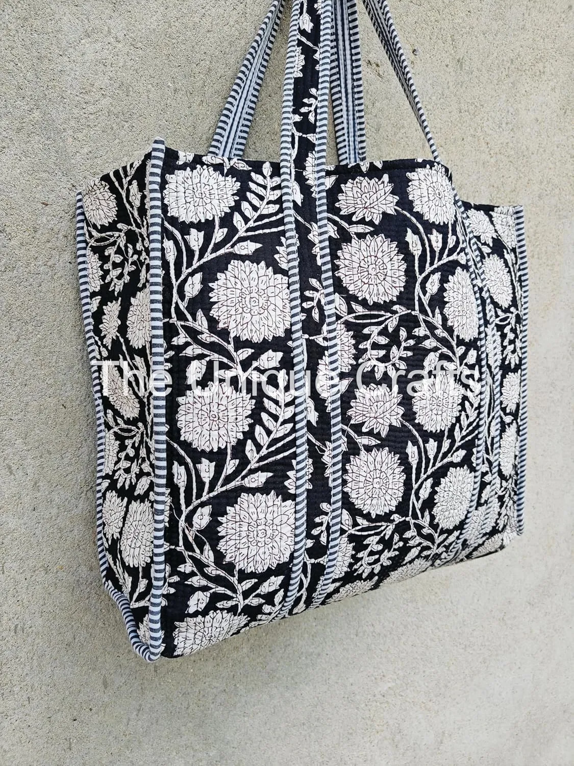Quilted Cotton Handprinted Reversible Large Multicolor Tote Bag Hand Block Print Shoulder Bag Women Handbag Travel Bag