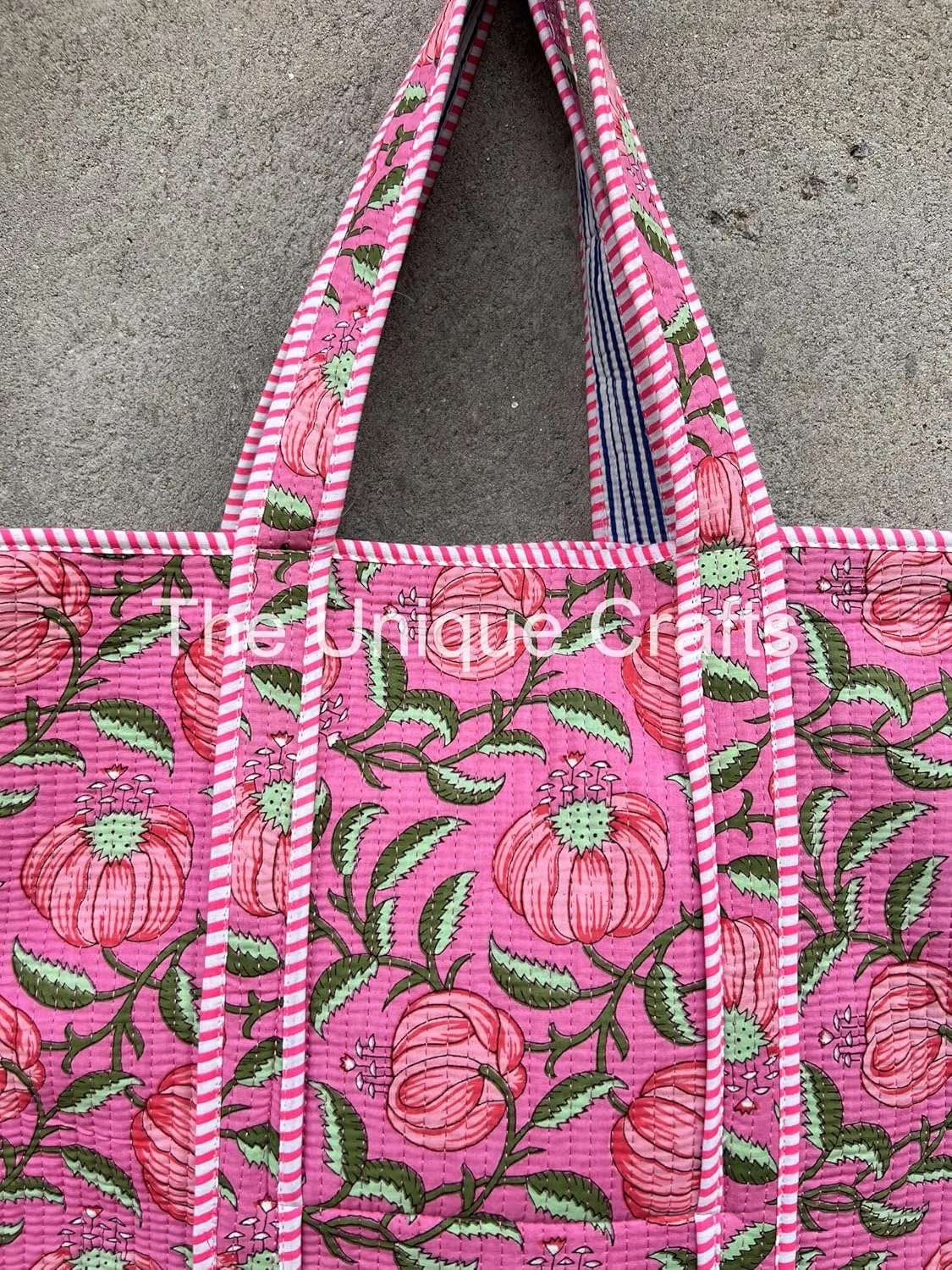Quilted Cotton Handprinted Reversible Large Multicolor Tote Bag Hand Block Print Shoulder Bag Women Handbag Travel Bag