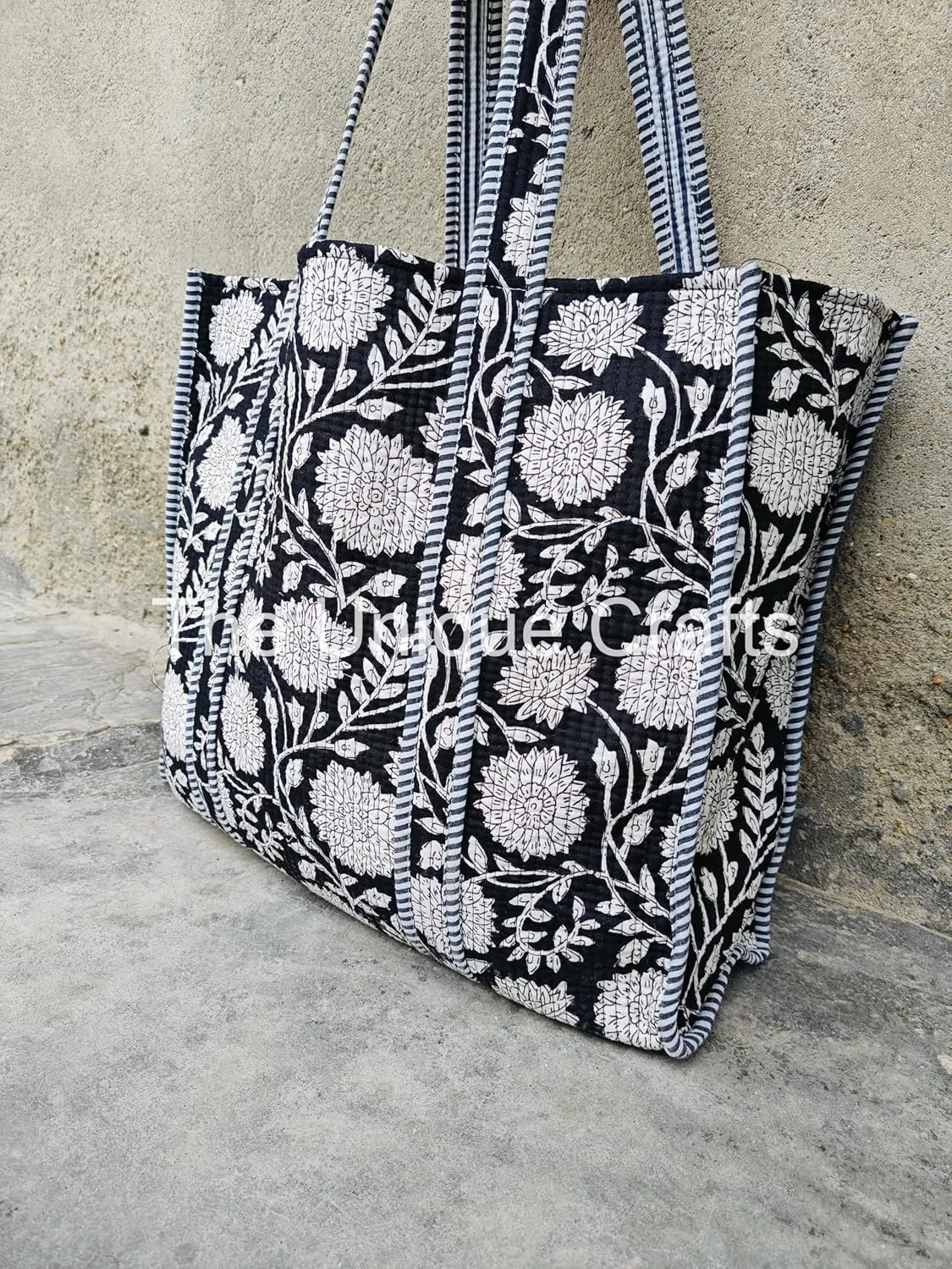 Quilted Cotton Handprinted Reversible Large Multicolor Tote Bag Hand Block Print Shoulder Bag Women Handbag Travel Bag