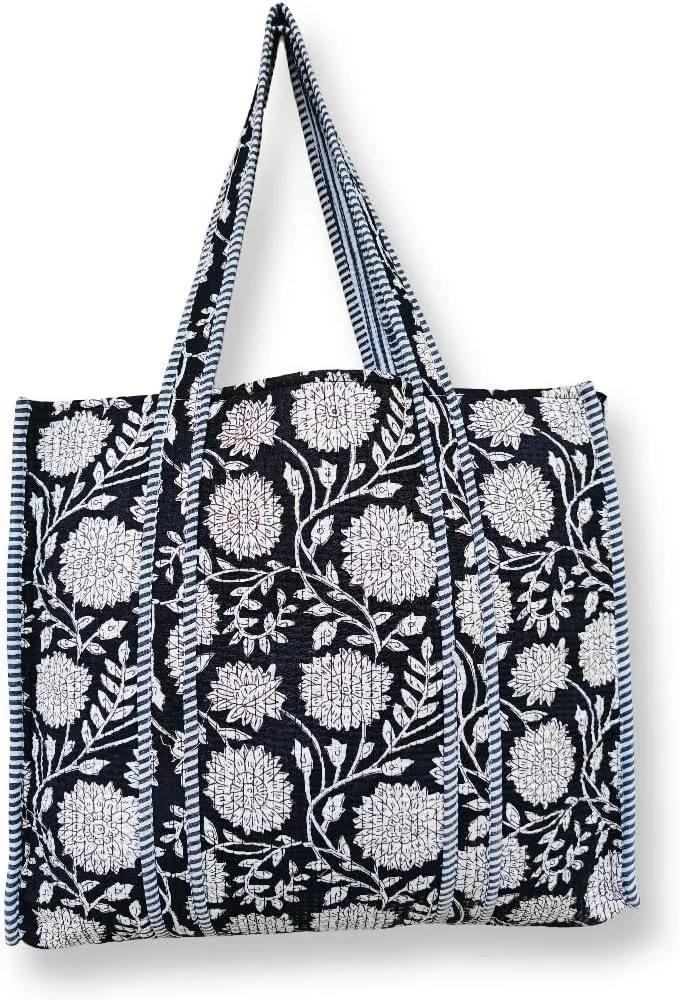 Quilted Cotton Handprinted Reversible Large Multicolor Tote Bag Hand Block Print Shoulder Bag Women Handbag Travel Bag