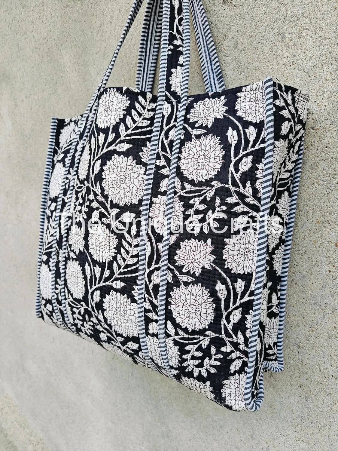 Quilted Cotton Handprinted Reversible Large Multicolor Tote Bag Hand Block Print Shoulder Bag Women Handbag Travel Bag