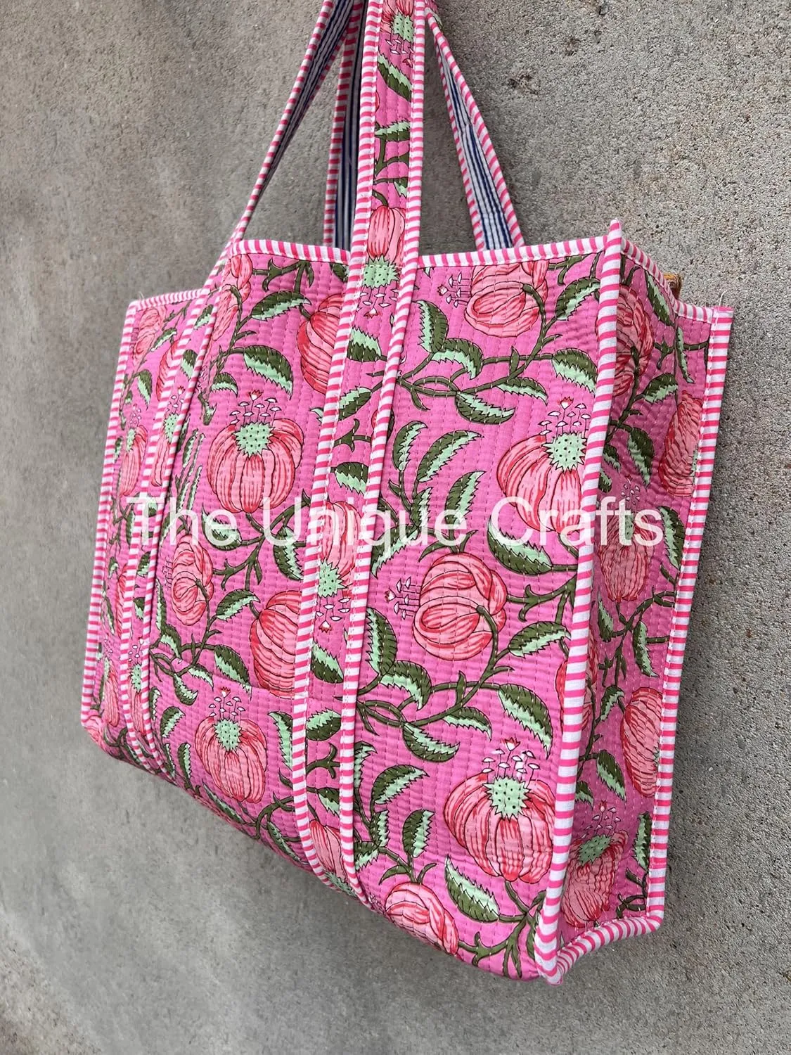 Quilted Cotton Handprinted Reversible Large Multicolor Tote Bag Hand Block Print Shoulder Bag Women Handbag Travel Bag