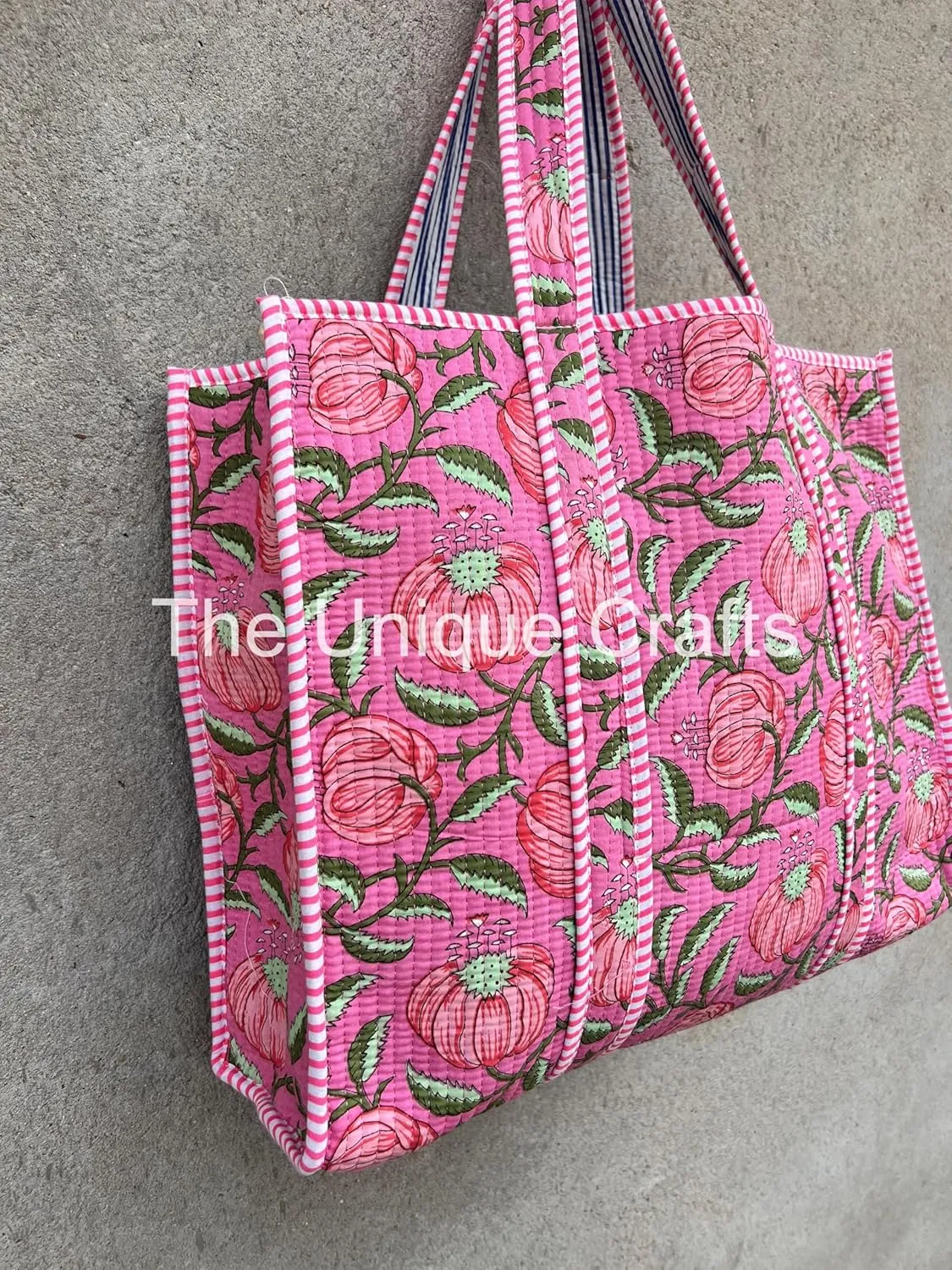 Quilted Cotton Handprinted Reversible Large Multicolor Tote Bag Hand Block Print Shoulder Bag Women Handbag Travel Bag