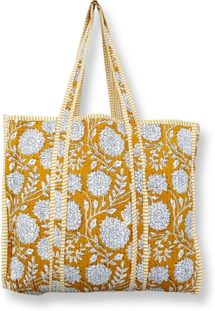 Quilted Cotton Handprinted Reversible Large Multicolor Tote Bag Hand Block Print Shoulder Bag Women Handbag Travel Bag