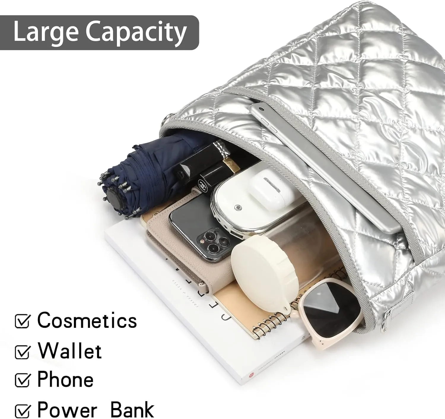 Quilted Crossbody & Puffer Shoulder Bag, Tote with Zipper - Fashion Cotton Quilted Ladies Handbag