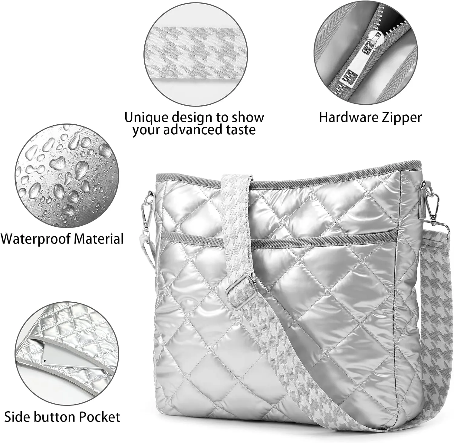 Quilted Crossbody & Puffer Shoulder Bag, Tote with Zipper - Fashion Cotton Quilted Ladies Handbag