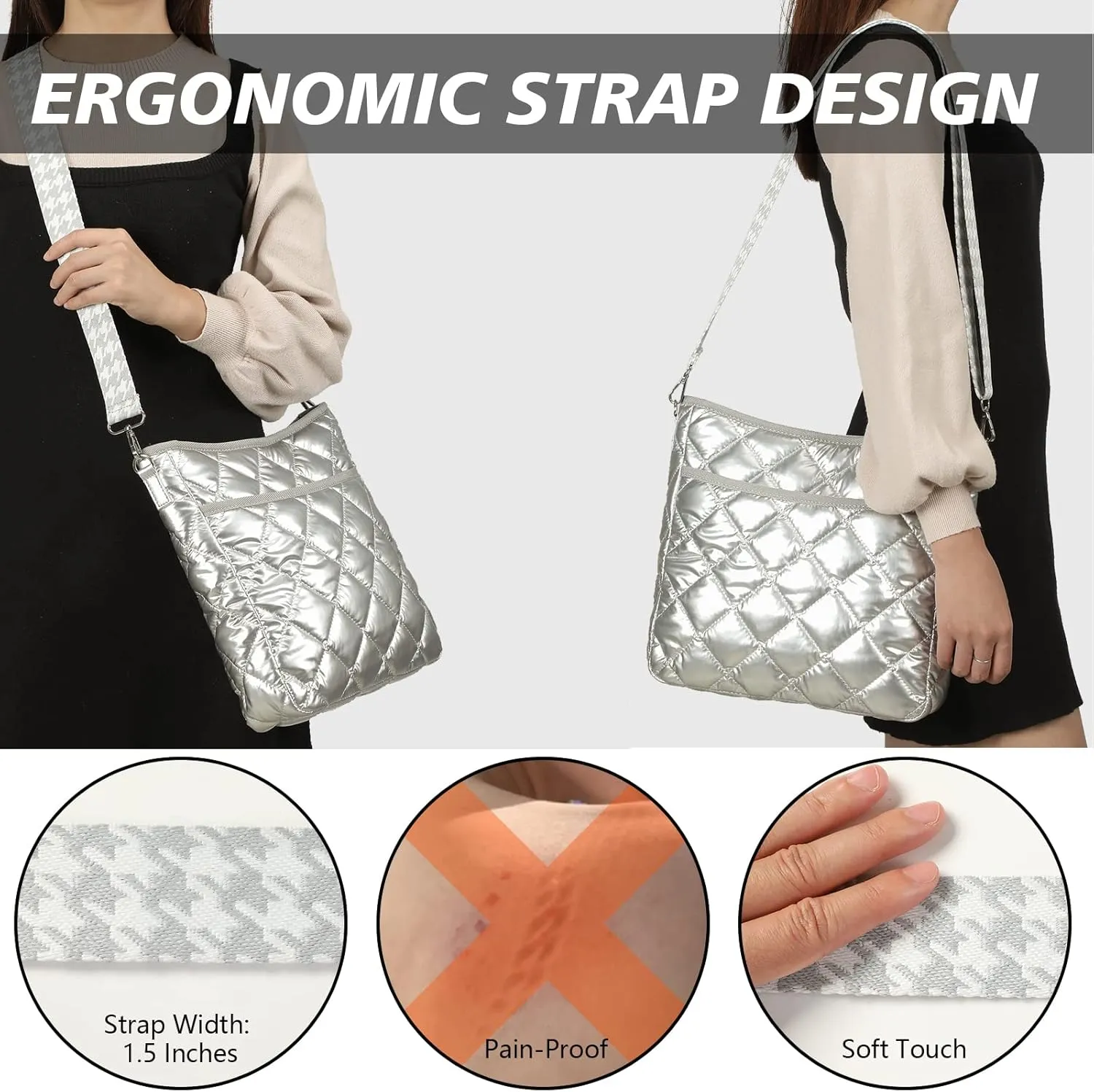 Quilted Crossbody & Puffer Shoulder Bag, Tote with Zipper - Fashion Cotton Quilted Ladies Handbag