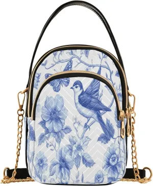 Quilted Crossbody Bags for Women,Blue White Porcelain Birds Butterflies Flowers05 Women's Crossbody Handbags Small Travel Purses Phone Bag