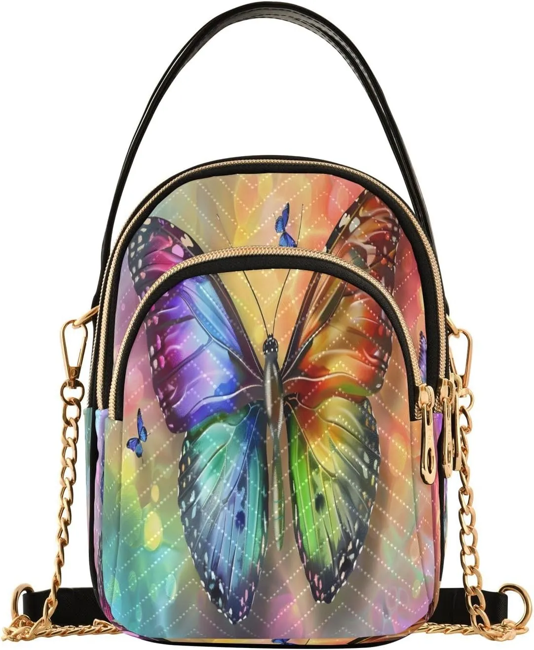 Quilted Crossbody Bags for Women,Profile Title with Rainbow Butterfly and Gray Women's Crossbody Handbags Small Travel Purses Phone Bag