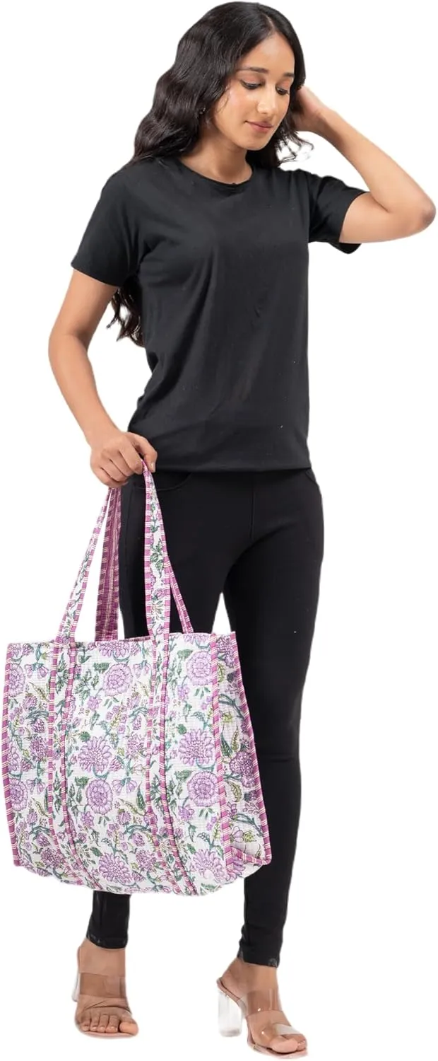 Quilted Large Cotton Fabric Tote Bag For Travel Grocery Shopping Weekend Trips with Inside and Outside Pocket