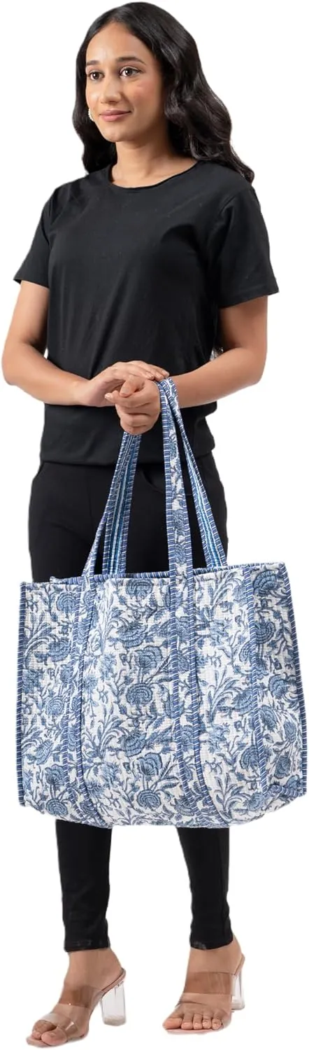 Quilted Large Cotton Fabric Tote Bag For Travel Grocery Shopping Weekend Trips with Inside and Outside Pocket