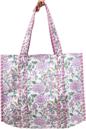 Quilted Large Cotton Fabric Tote Bag For Travel Grocery Shopping Weekend Trips with Inside and Outside Pocket