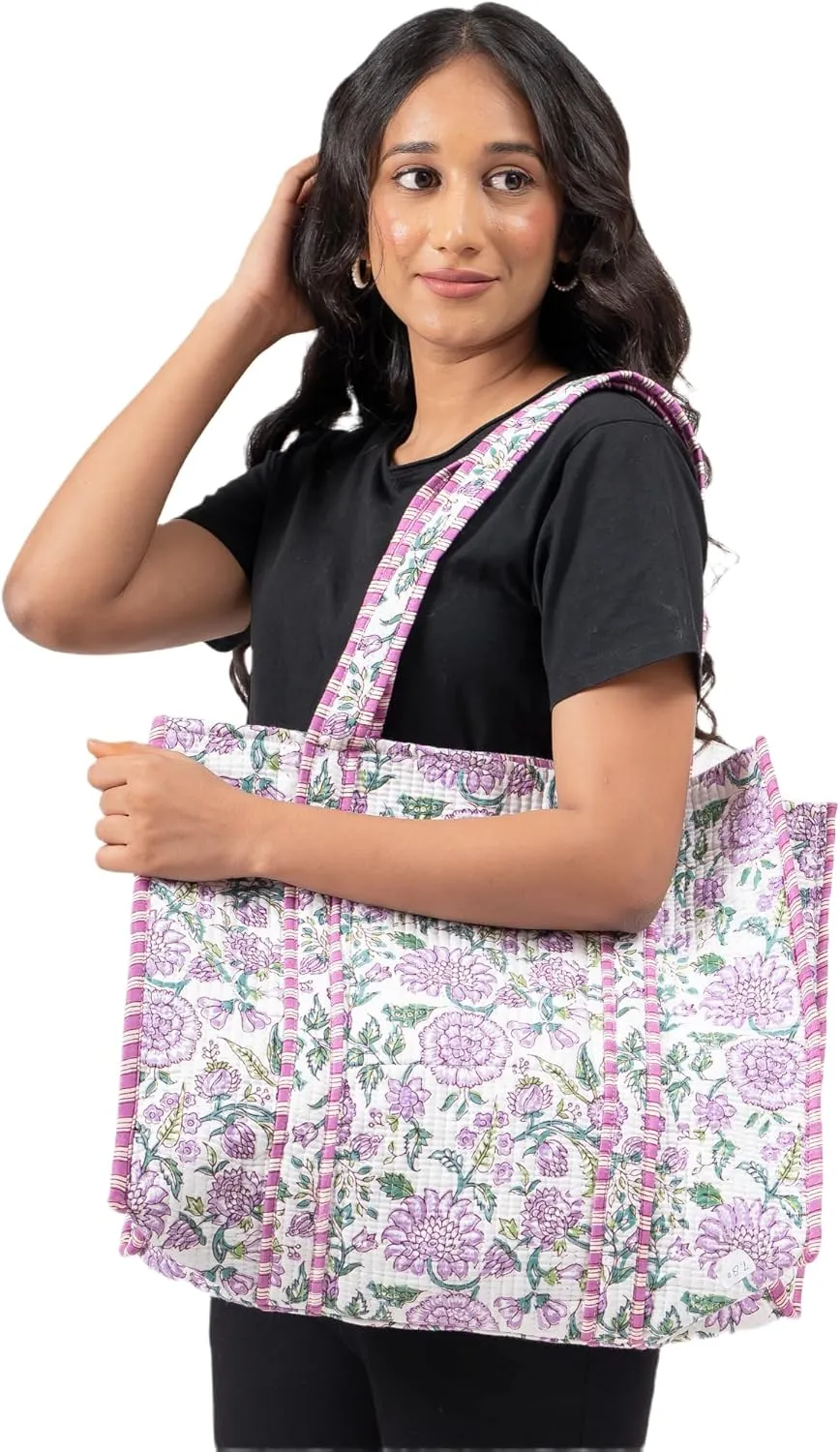 Quilted Large Cotton Fabric Tote Bag For Travel Grocery Shopping Weekend Trips with Inside and Outside Pocket