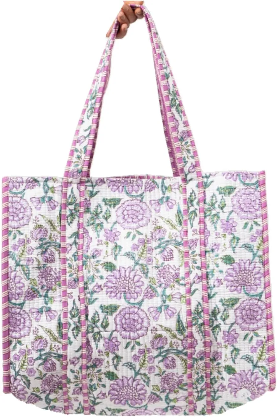 Quilted Large Cotton Fabric Tote Bag For Travel Grocery Shopping Weekend Trips with Inside and Outside Pocket