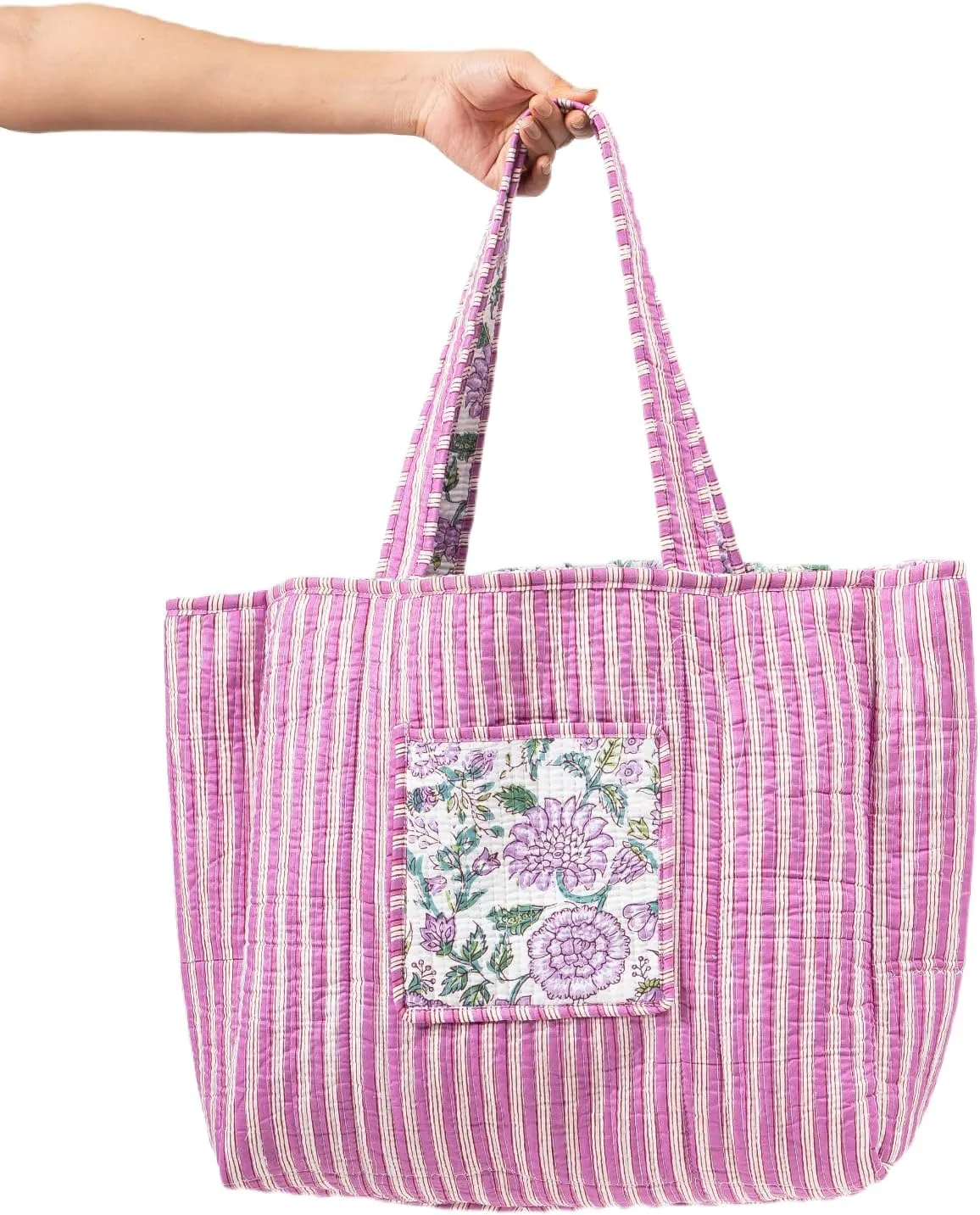 Quilted Large Cotton Fabric Tote Bag For Travel Grocery Shopping Weekend Trips with Inside and Outside Pocket
