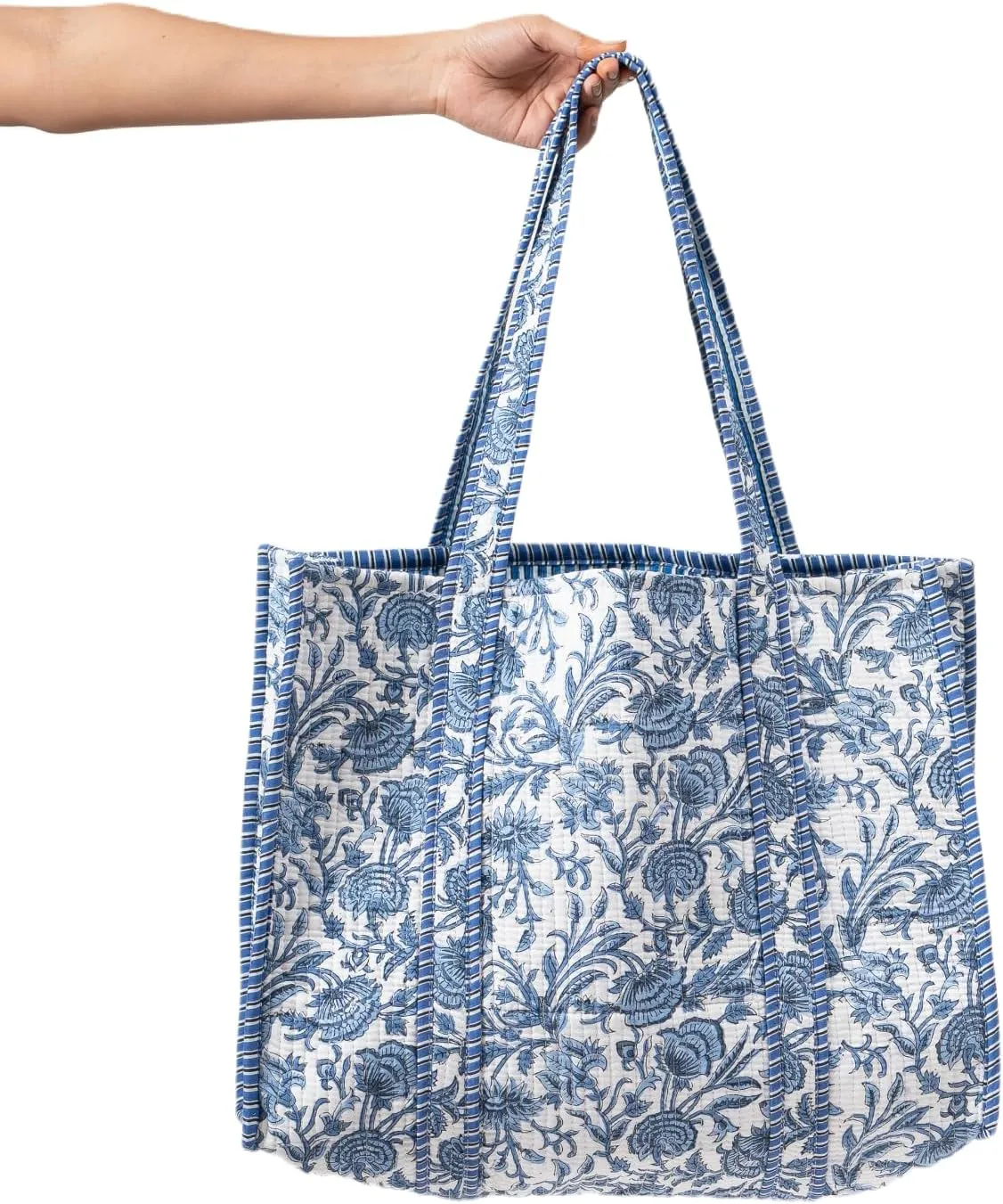 Quilted Large Cotton Fabric Tote Bag For Travel Grocery Shopping Weekend Trips with Inside and Outside Pocket