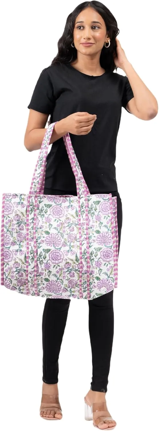 Quilted Large Cotton Fabric Tote Bag For Travel Grocery Shopping Weekend Trips with Inside and Outside Pocket