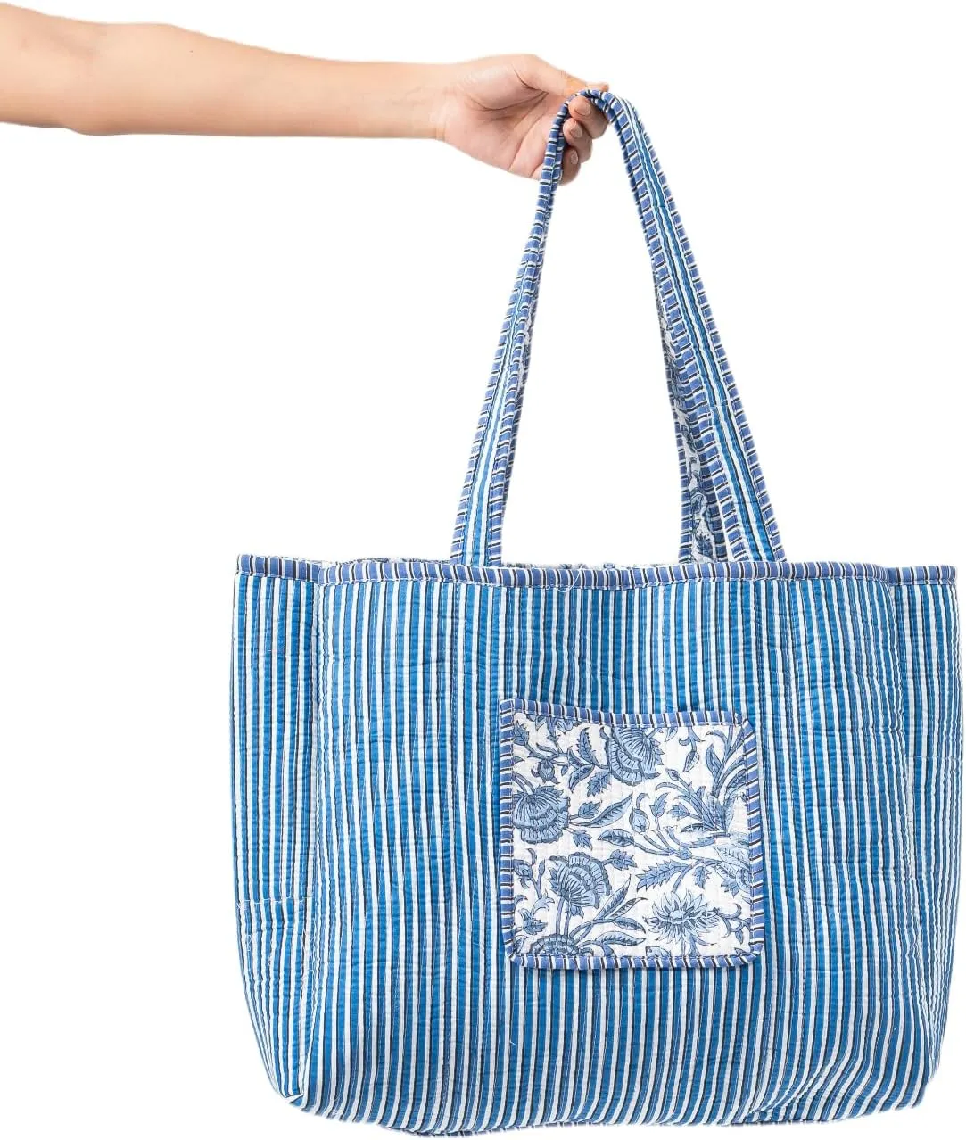 Quilted Large Cotton Fabric Tote Bag For Travel Grocery Shopping Weekend Trips with Inside and Outside Pocket