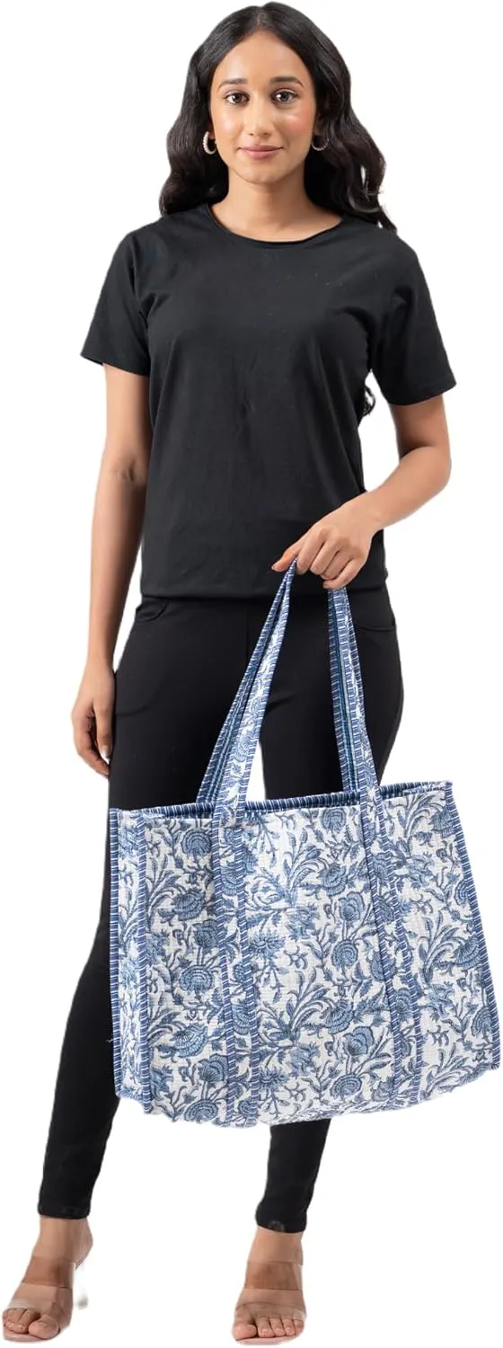 Quilted Large Cotton Fabric Tote Bag For Travel Grocery Shopping Weekend Trips with Inside and Outside Pocket
