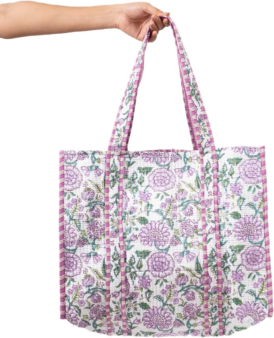 Quilted Large Cotton Fabric Tote Bag For Travel Grocery Shopping Weekend Trips with Inside and Outside Pocket