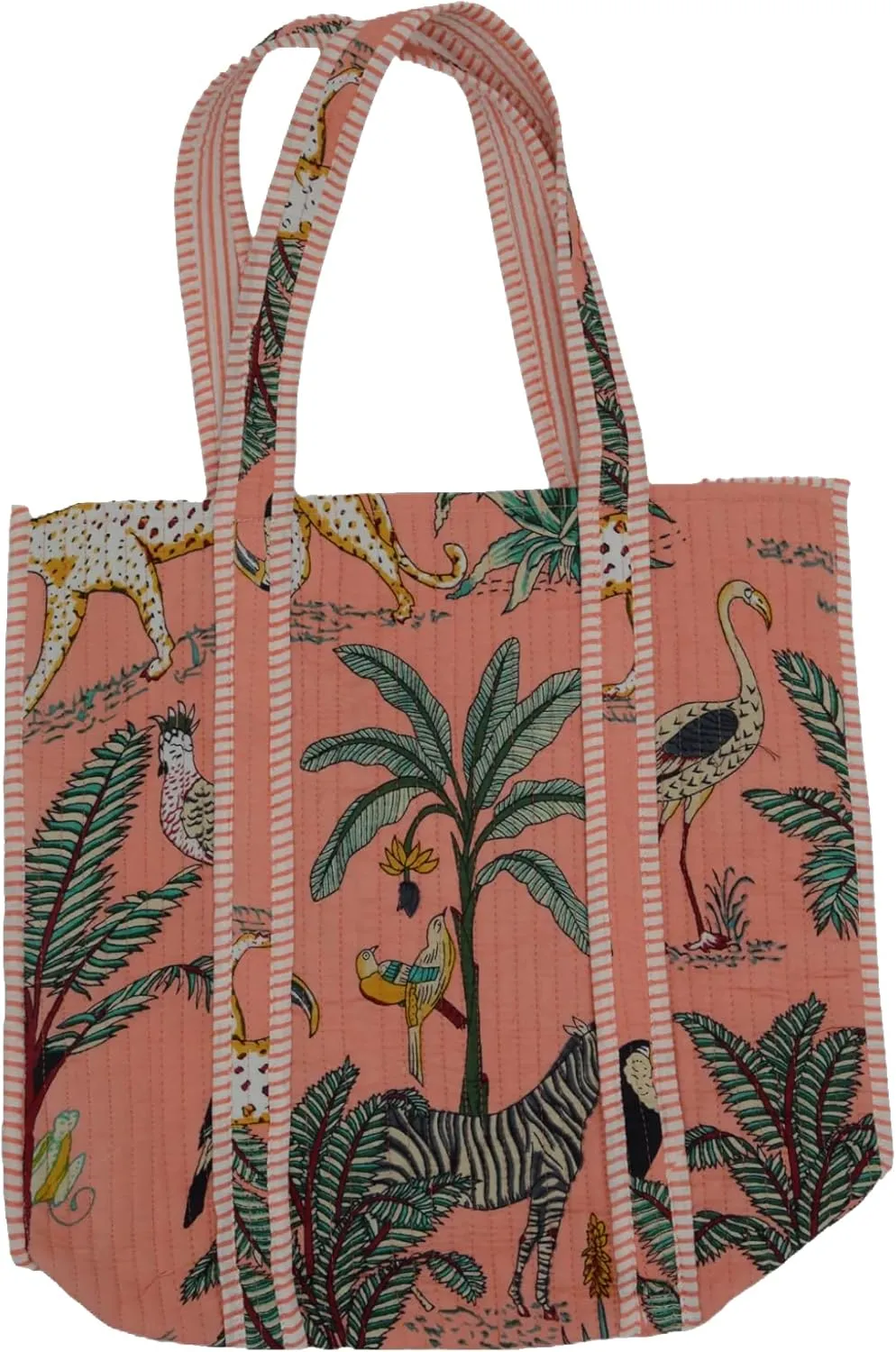 Quilted Large Cotton Fabric Tote Bag Travel Grocery Shopping Weekend Trips with Inside Pocket -Tropical Safari