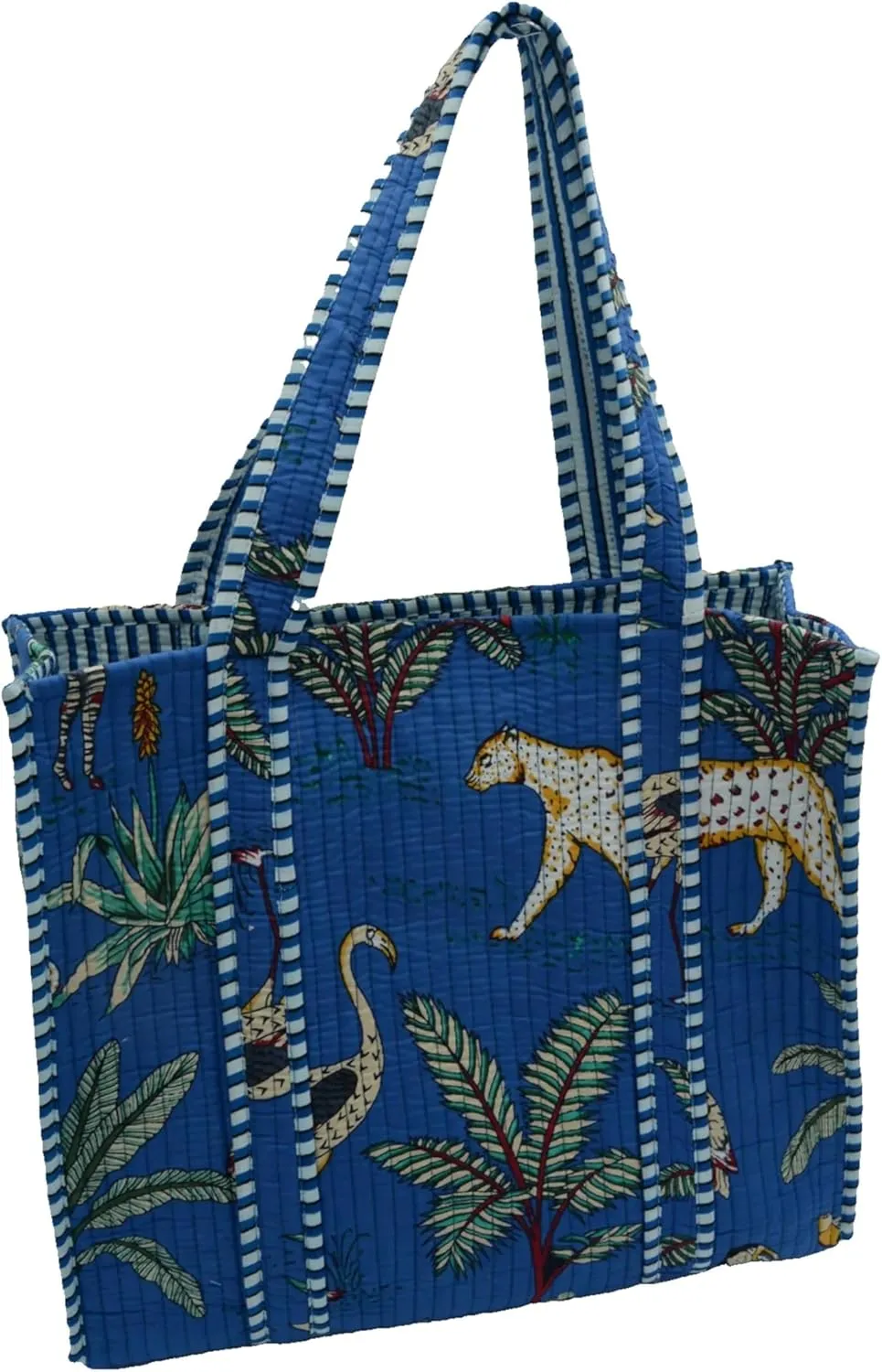 Quilted Large Cotton Fabric Tote Bag Travel Grocery Shopping Weekend Trips with Inside Pocket -Tropical Safari