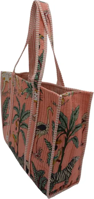 Quilted Large Cotton Fabric Tote Bag Travel Grocery Shopping Weekend Trips with Inside Pocket -Tropical Safari