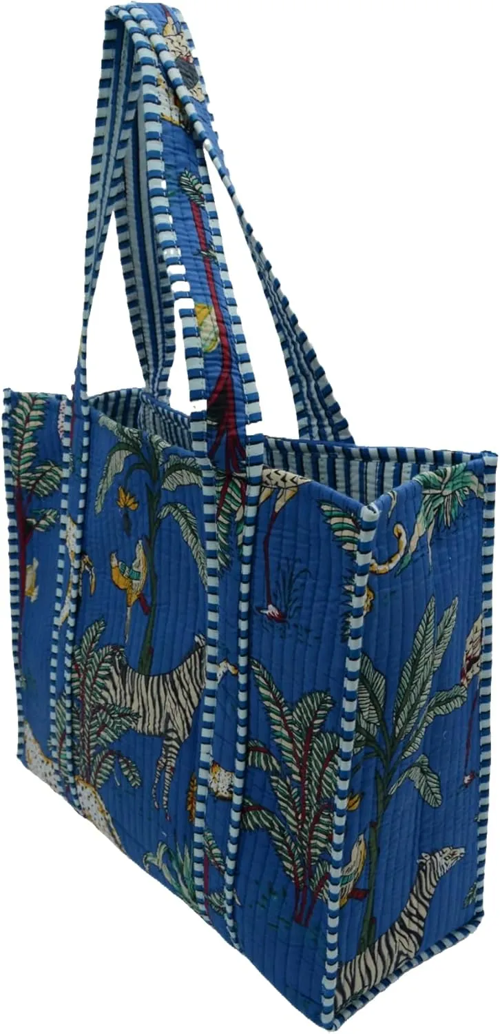 Quilted Large Cotton Fabric Tote Bag Travel Grocery Shopping Weekend Trips with Inside Pocket -Tropical Safari