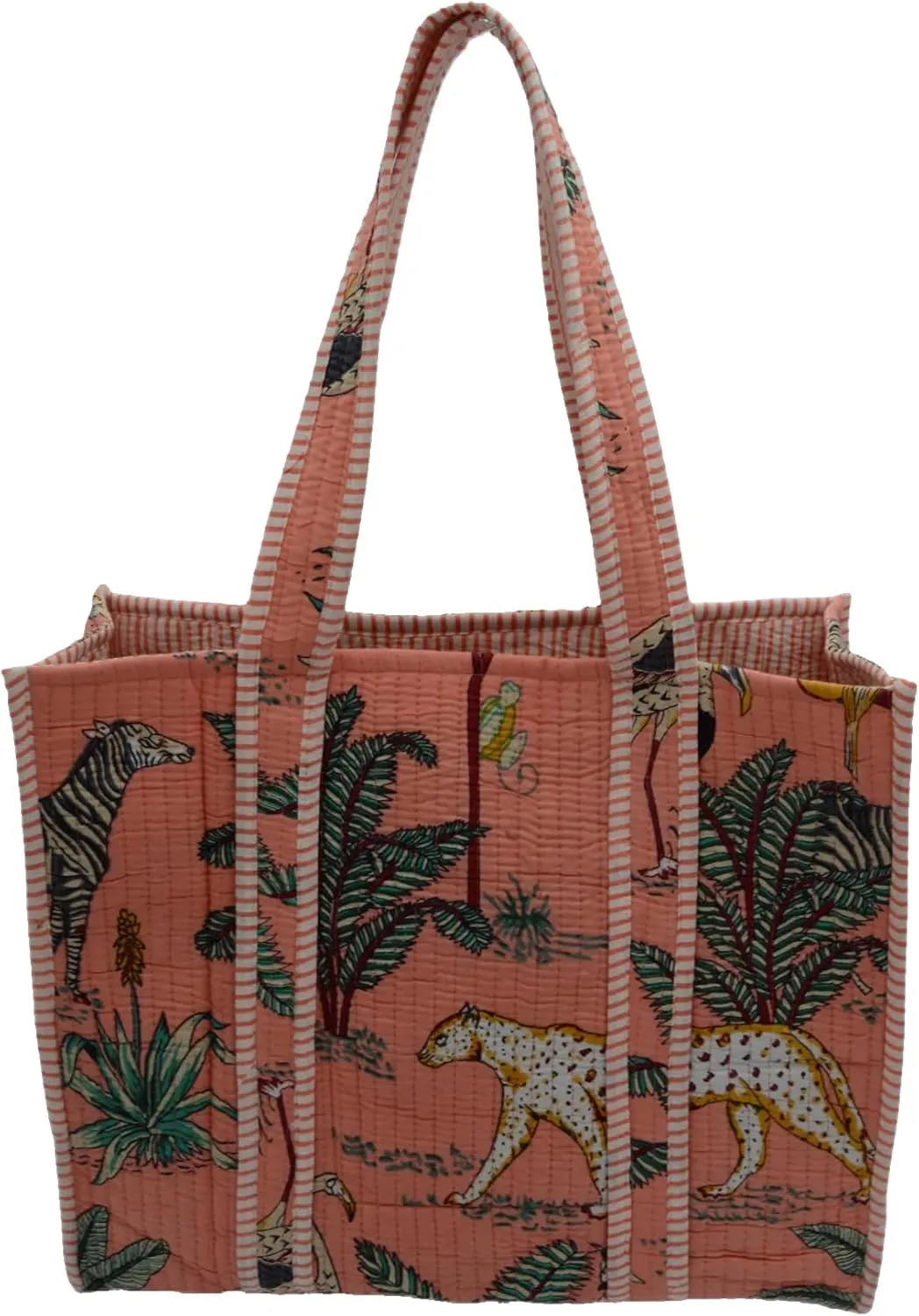 Quilted Large Cotton Fabric Tote Bag Travel Grocery Shopping Weekend Trips with Inside Pocket -Tropical Safari