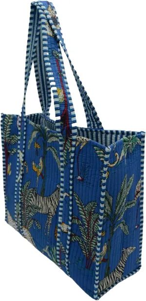 Quilted Large Cotton Fabric Tote Bag Travel Grocery Shopping Weekend Trips with Inside Pocket -Tropical Safari