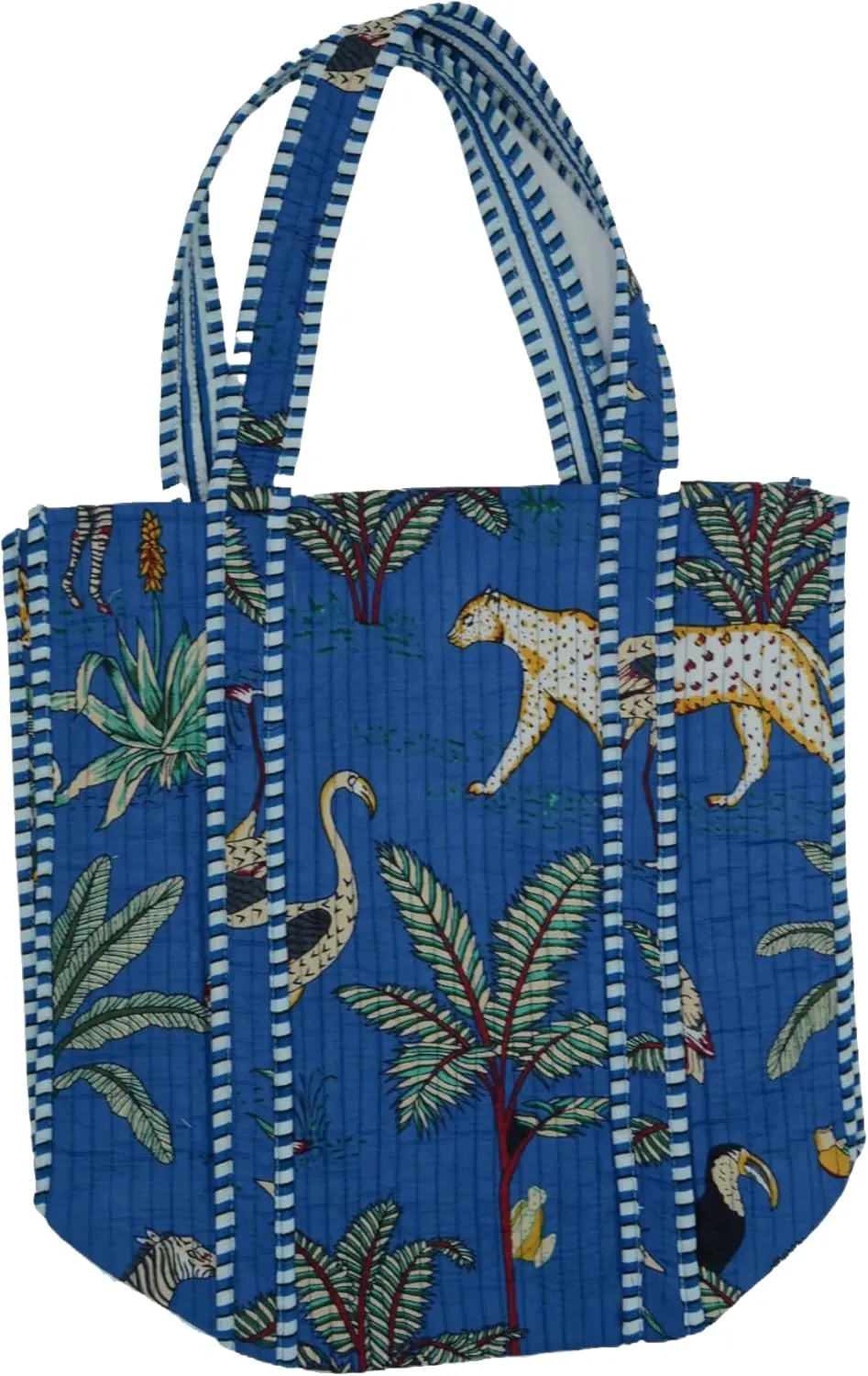 Quilted Large Cotton Fabric Tote Bag Travel Grocery Shopping Weekend Trips with Inside Pocket -Tropical Safari