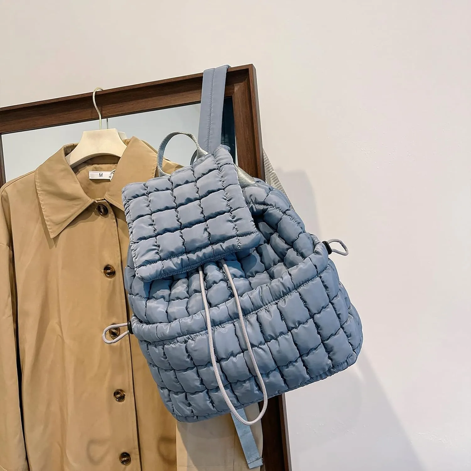 Quilted Puffer Backpack for Women, Trendy Drawstring Purse (Gray)