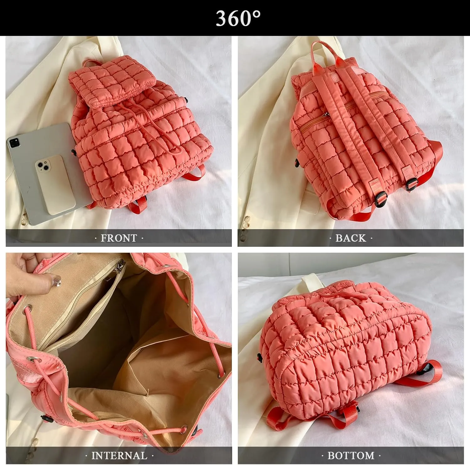 Quilted Puffer Backpack for Women, Trendy Drawstring Purse (Gray)