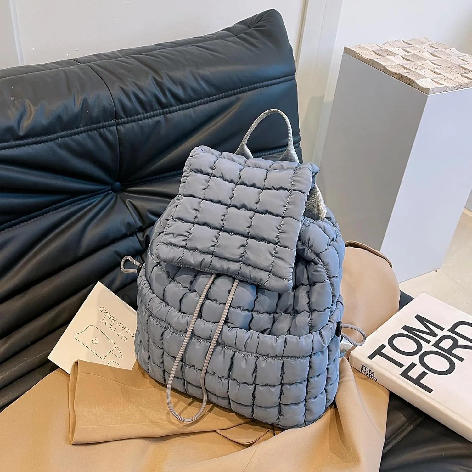 Quilted Puffer Backpack for Women, Trendy Drawstring Purse (Gray)