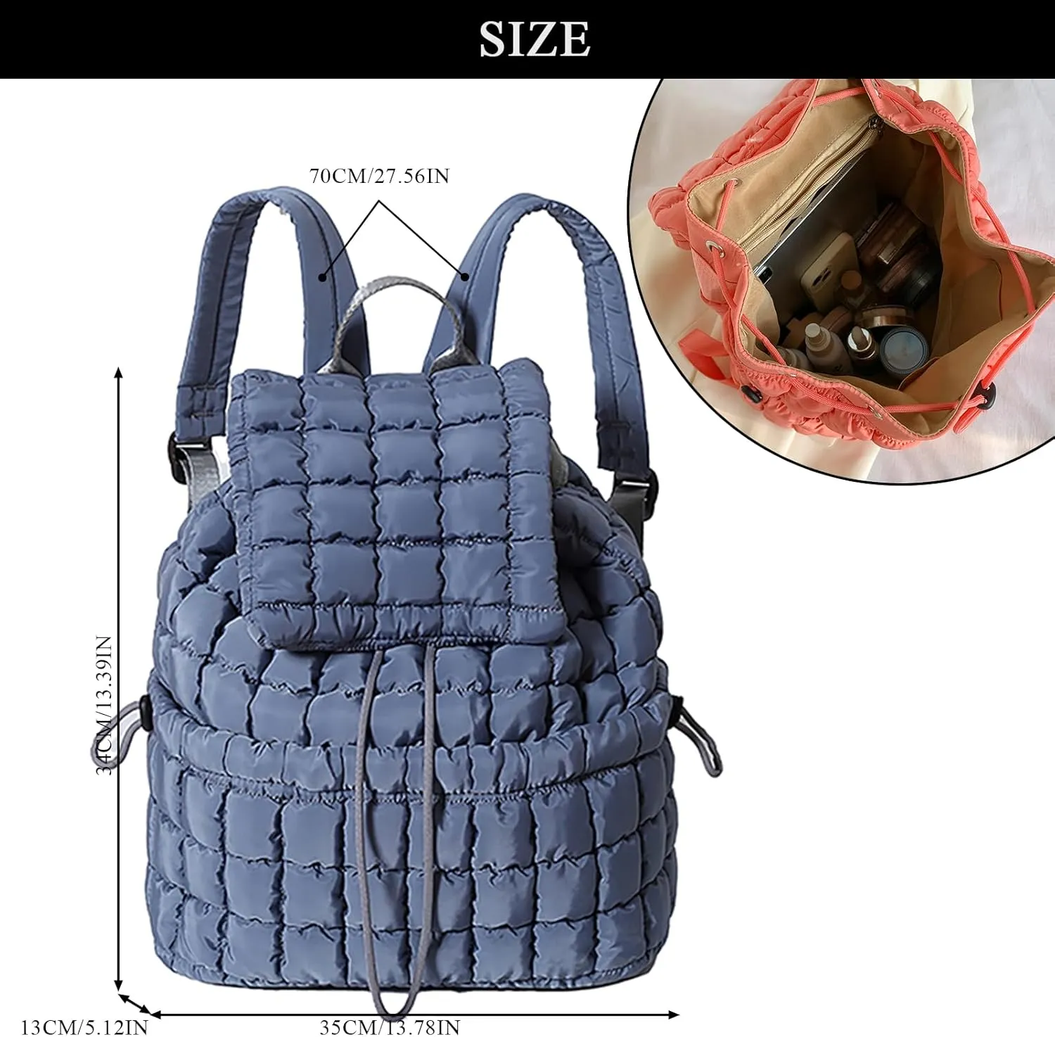 Quilted Puffer Backpack for Women, Trendy Drawstring Purse (Gray)