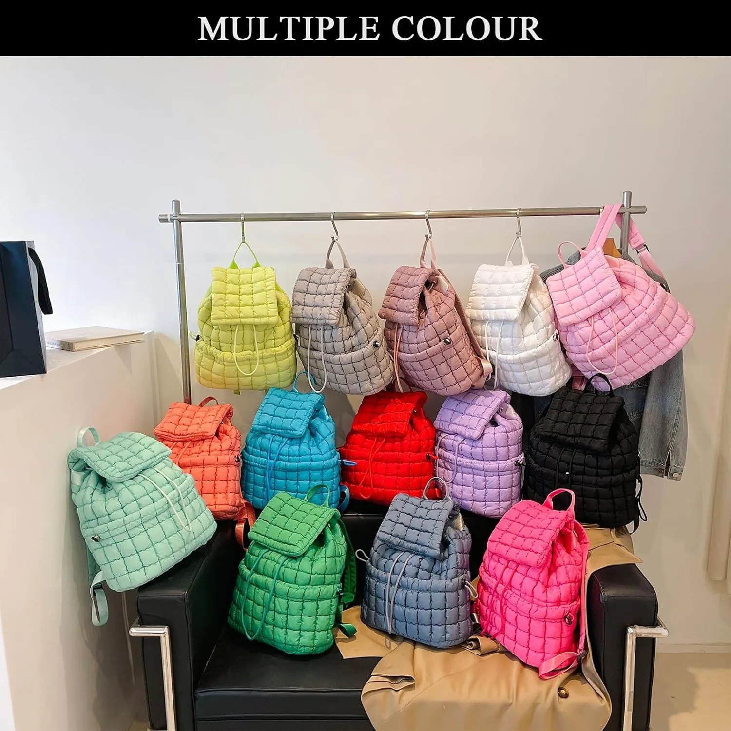 Quilted Puffer Backpack for Women, Trendy Drawstring Purse (Gray)