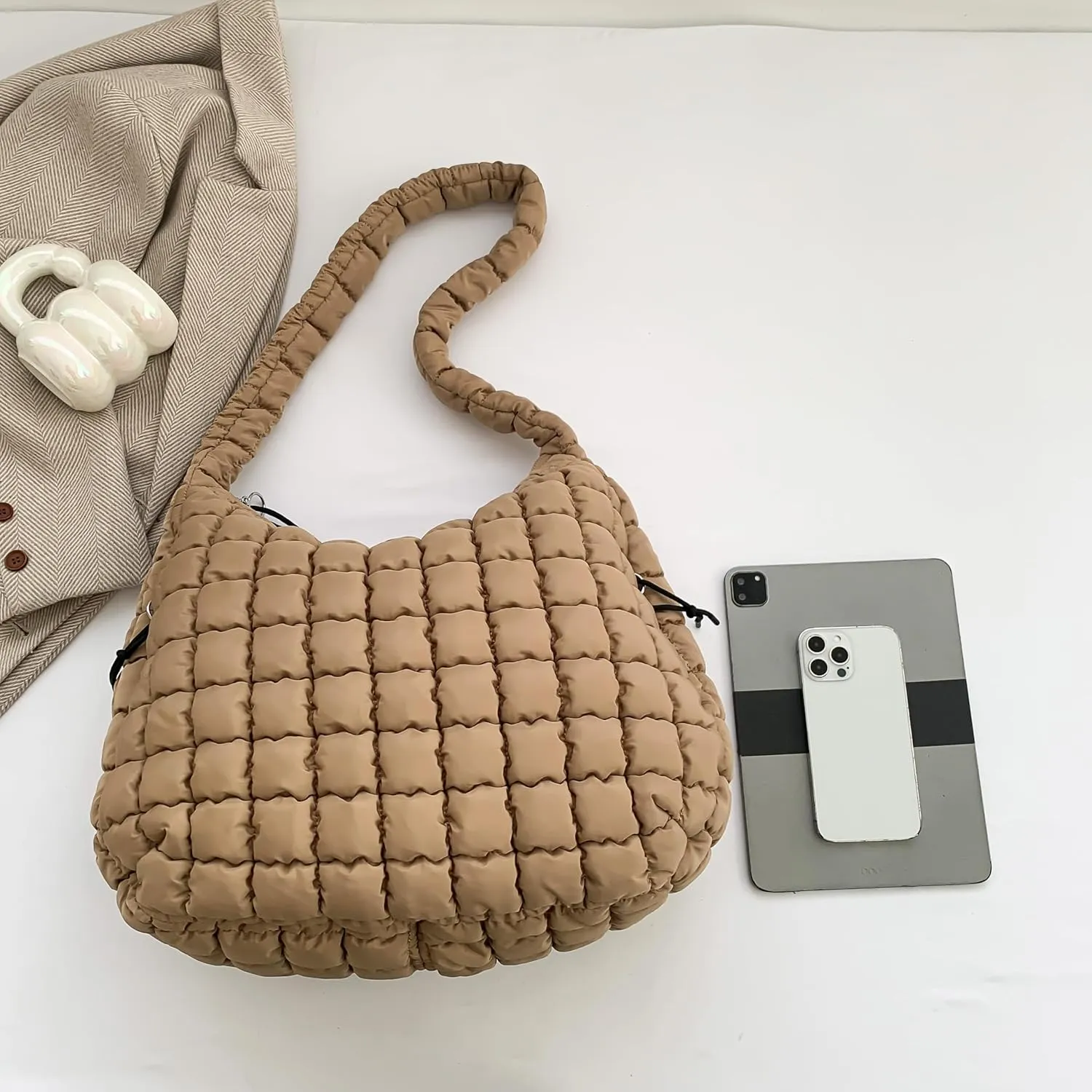 Quilted Puffer Tote Bag for Women Large Quilted Puffy Tote Bag Carryall Bag Soft Puffy Crossbody Bag Hobo Purse