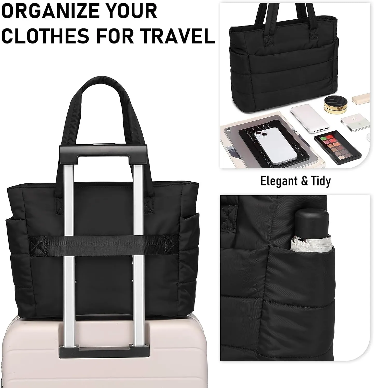 Quilted Puffer Tote Bag for Women Stylish Work Tote with Multiple Compartments Puffy Handbag