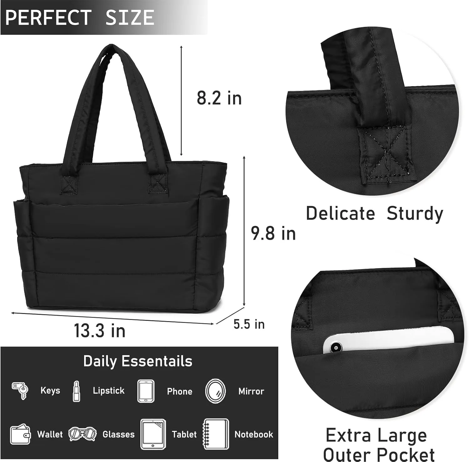 Quilted Puffer Tote Bag for Women Stylish Work Tote with Multiple Compartments Puffy Handbag