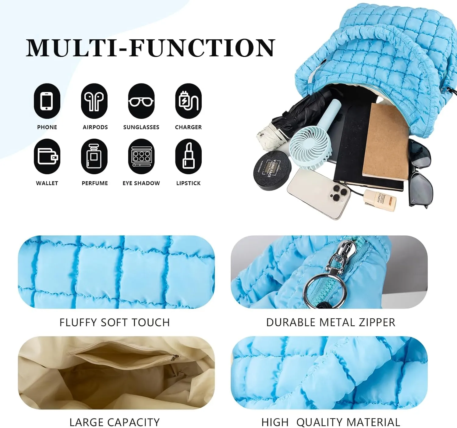 Quilted Puffer Tote Bag Large Crossbody Shoulder Bag with Zipper, Nylon Bubble Hobo Handbag Carryall Bag for Women