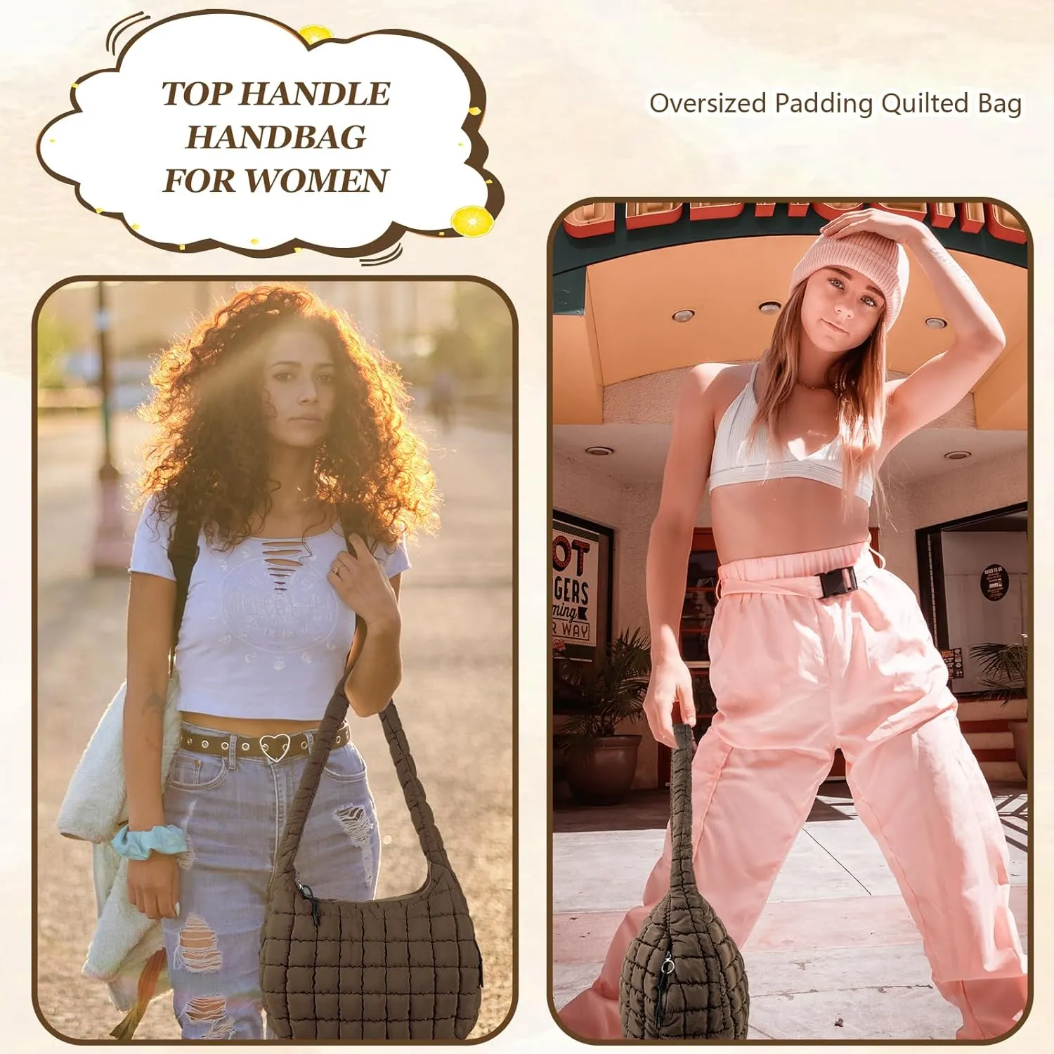 Quilted Puffer Tote Bag Large Crossbody Shoulder Bag with Zipper, Nylon Bubble Hobo Handbag Carryall Bag for Women