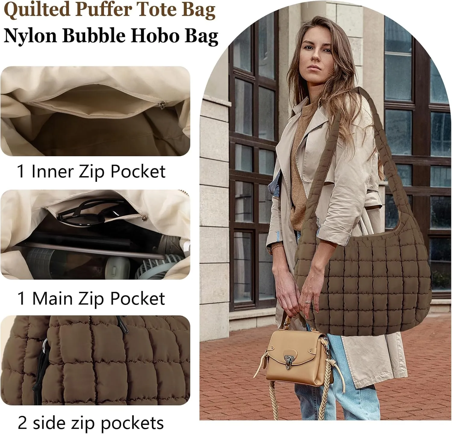 Quilted Puffer Tote Bag Large Crossbody Shoulder Bag with Zipper, Nylon Bubble Hobo Handbag Carryall Bag for Women