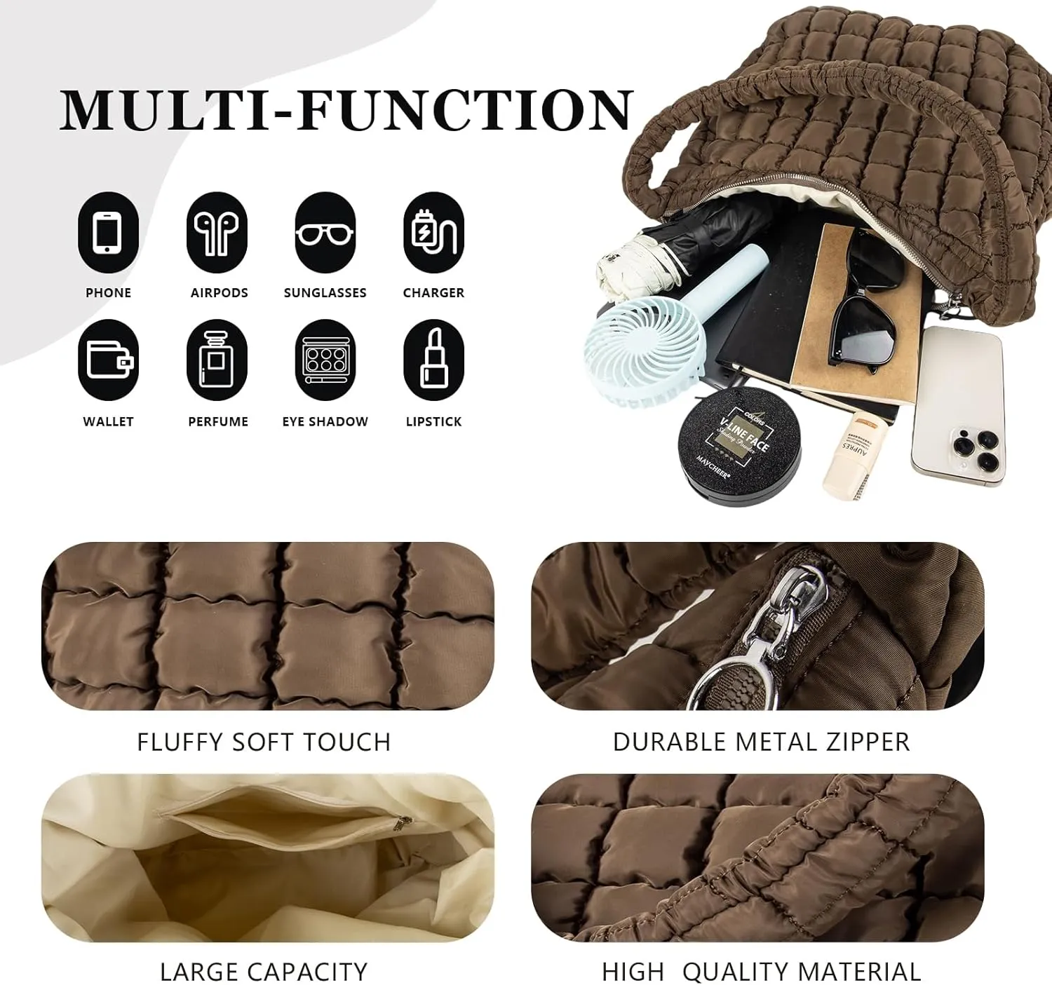 Quilted Puffer Tote Bag Large Crossbody Shoulder Bag with Zipper, Nylon Bubble Hobo Handbag Carryall Bag for Women